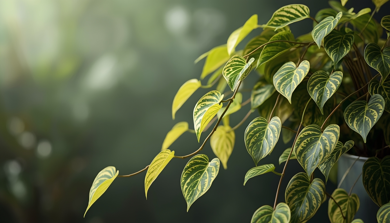 Golden pothos with cascading heart-shaped variegated leaves